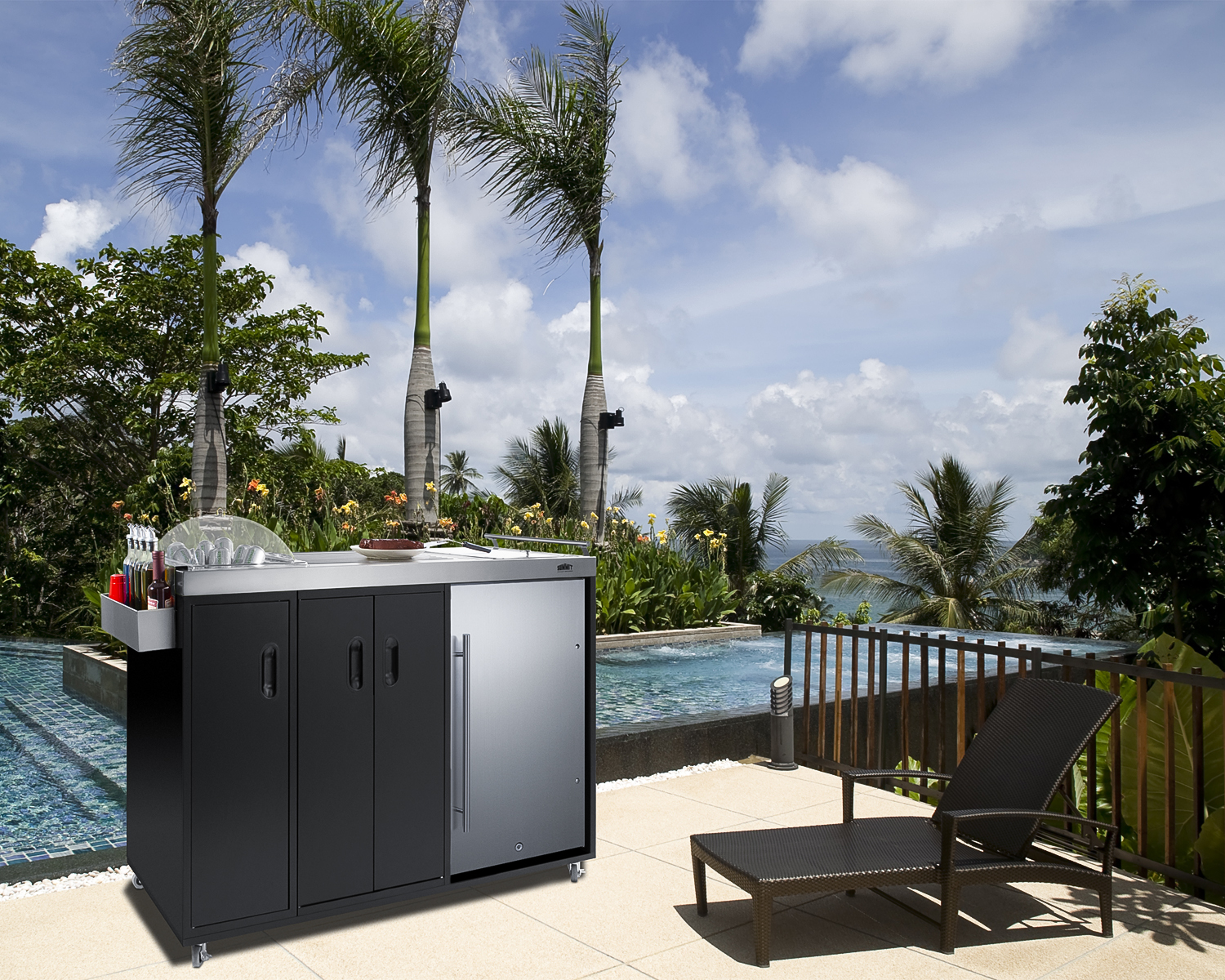 Mobile outdoor serving station with refrigerator, sink, storage cabinet, and slide-out waste bins